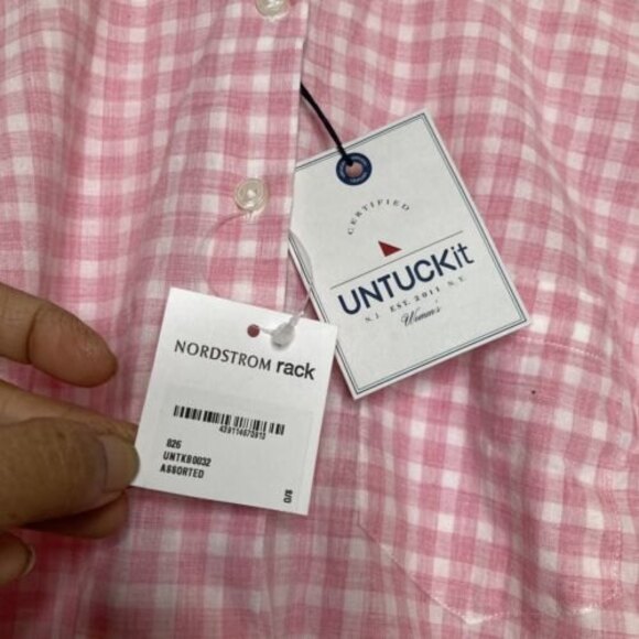 Untuckit | Womans Calina Plaid Gingham Button Down Pink white Shirt Size 8 - Picture 10 of 12